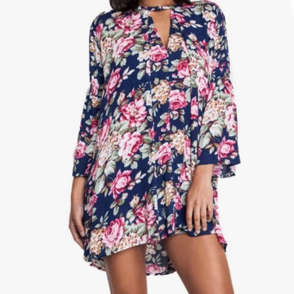 Umgee Navy Floral Print Loose Style Mini Boho Hippie‎ Long Sleeve Dress Small